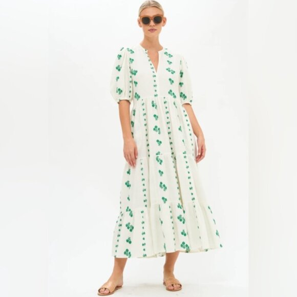 OLIPHANT Tuckernuck Wicklow Puff Sleeve Embroidered Print Maxi Midi Dress - Picture 8 of 10